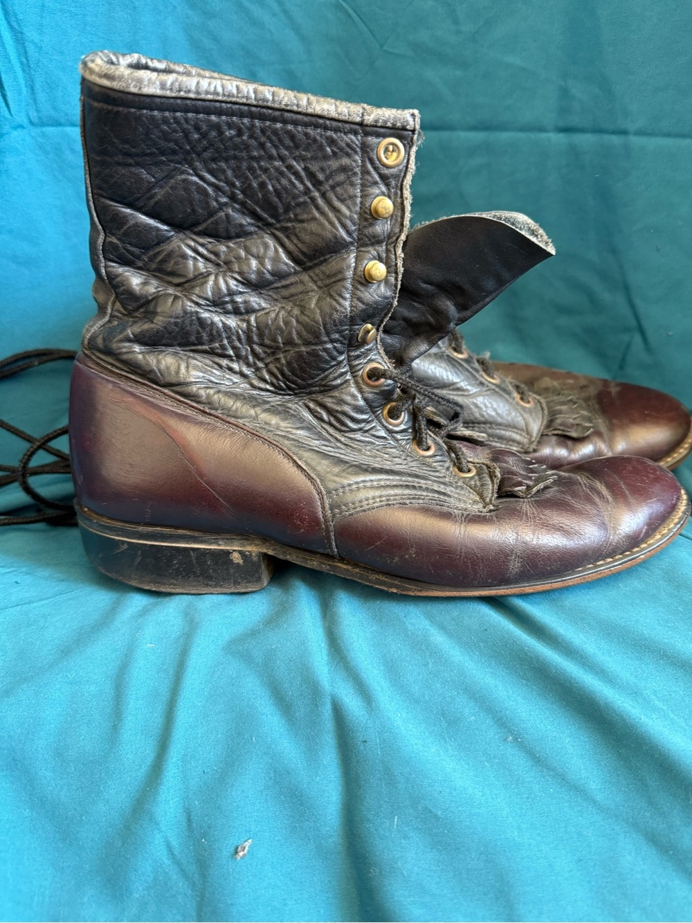 Two-Tone Leather Lace-Up Riding Boots - Black & Burgundy